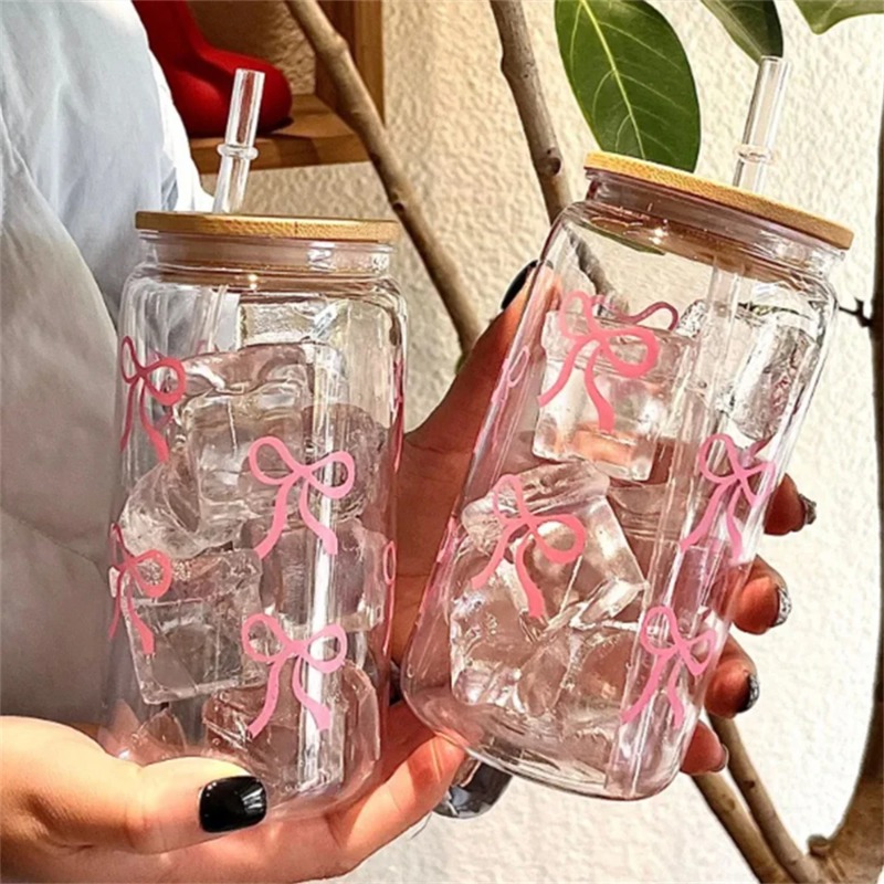 1pc Cute Bow Glass Cup 500ml T - Bean Hopper Lid ulasan dan harga
