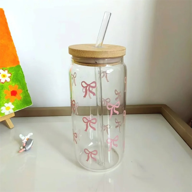 1pc Cute Bow Glass Cup 500ml T - Bean Hopper Lid ulasan dan harga