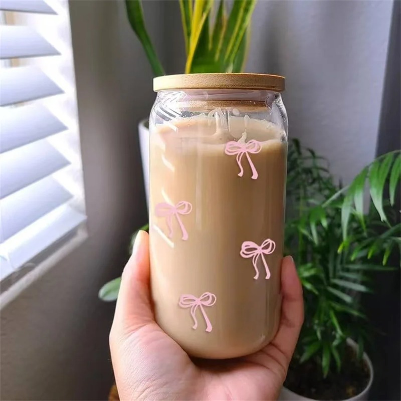 1pc Cute Bow Glass Cup 500ml T - Bean Hopper Lid ulasan dan harga